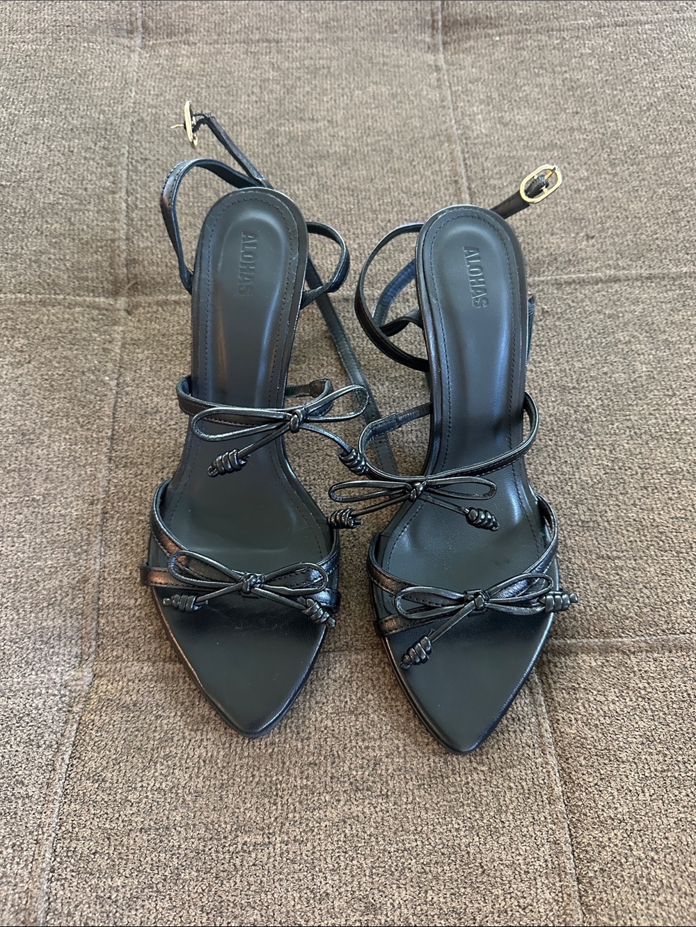 Black Strappy Bow Pointed-Toe Heels